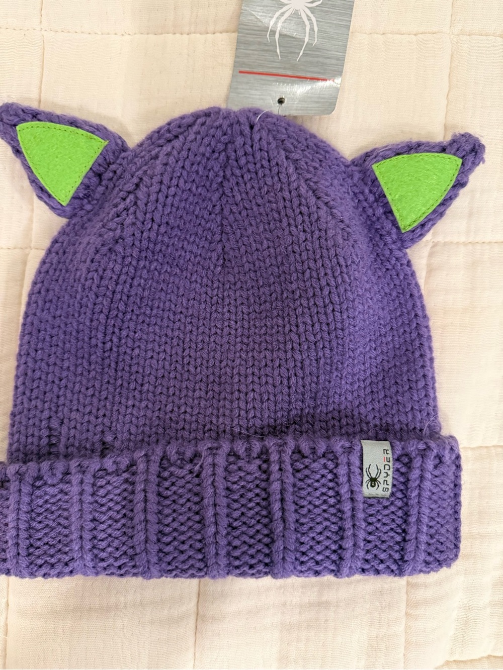 NWT | Spyder Kids One Size Ski Beanie Knit Cat Ear Purple and Green - Picture 13 of 16